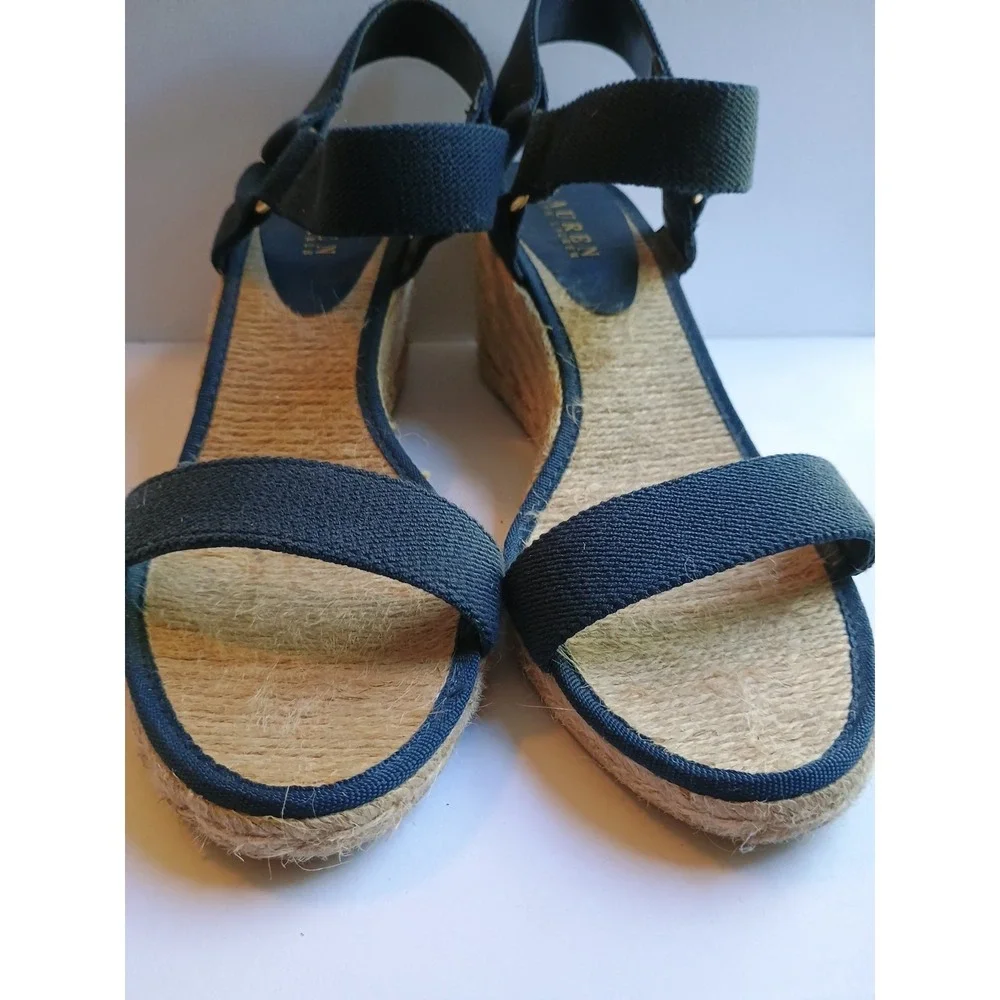 Lauren Ralph Lauren Espadrille Navy/Natural Wedge Sandals Womens Size 9.5